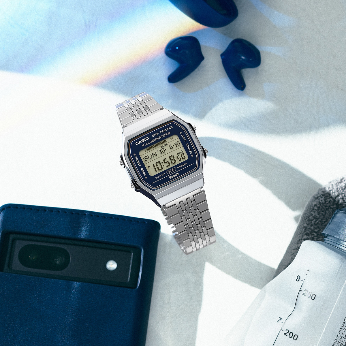 CASIO VINTAGE Mod. BLUETOOTH® SMARTPHONE LINK - STEEL - built-in accelerometer senses body movements + steps counter - BLUE