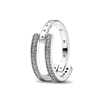 PANDORA JEWELS Mod. SIGNATURE LOGO &amp; PAVE DOUBLE BAND - RING - Size 52 ***SPECIAL PRICE***